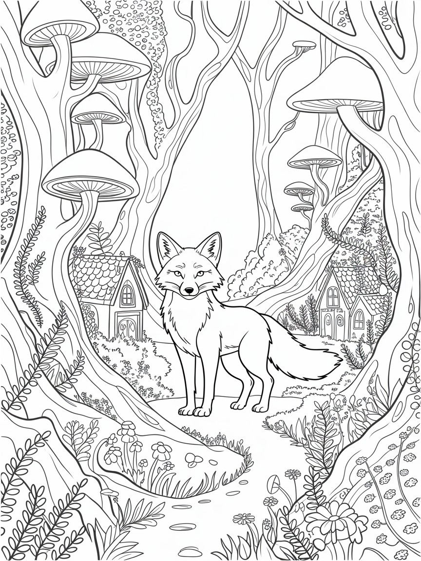a magic forrest with a fox in the Middle of a path - Free Coloring Page