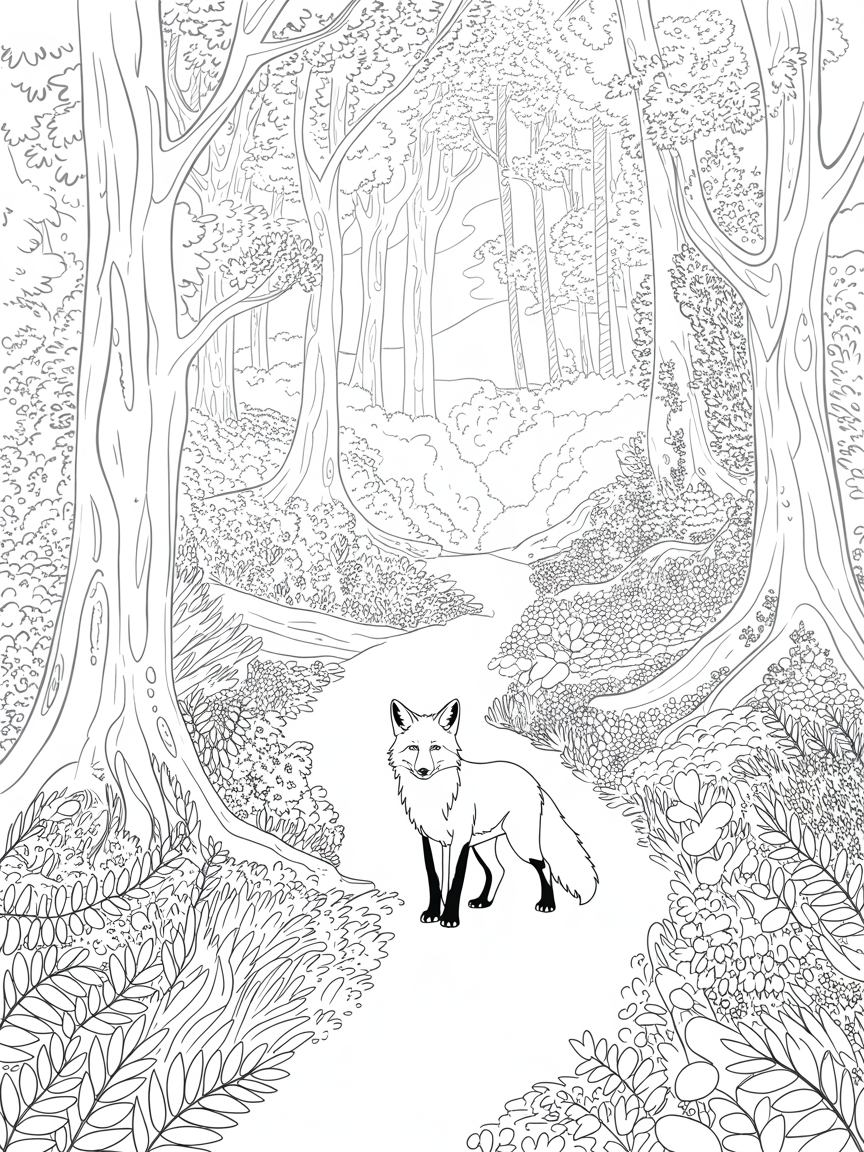 a forrest with a fox in the Middle of a path - Free Coloring Page
