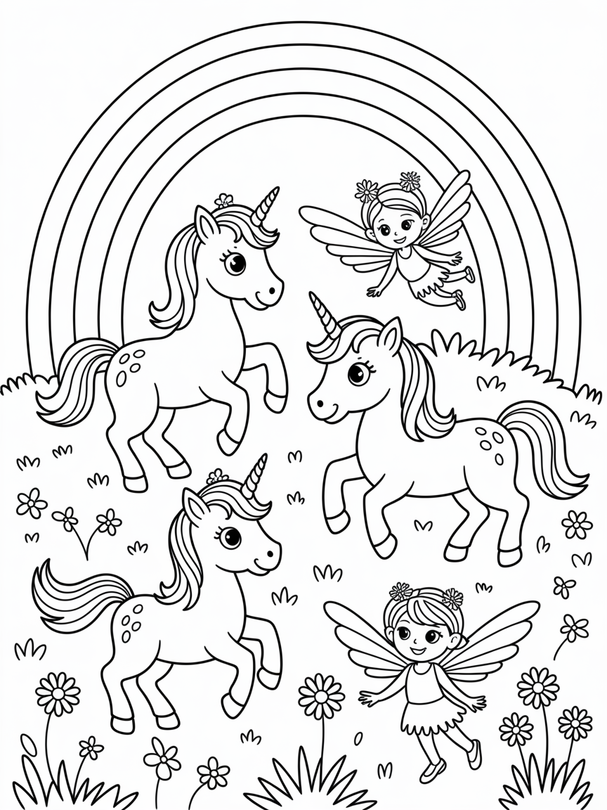 Unicorns, rainbows and fairies - Free Coloring Page