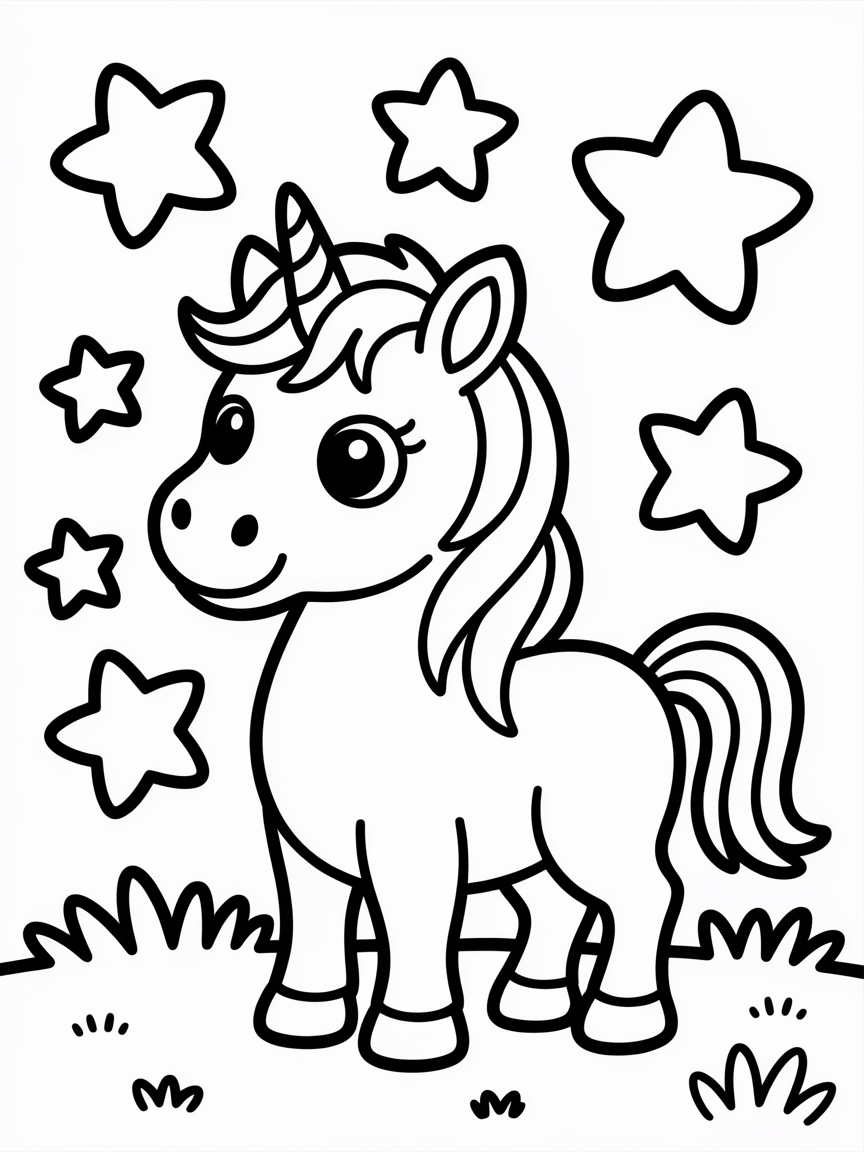 Unicorn and stars - Free Coloring Page