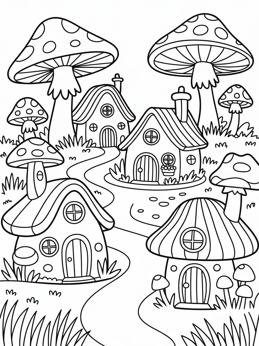 Fantasy fairy village with toadstools - Free Coloring Page
