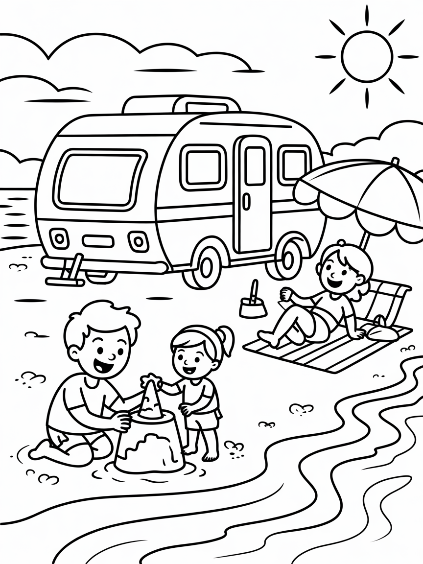 Caravan holiday by the beach - Free Coloring Page