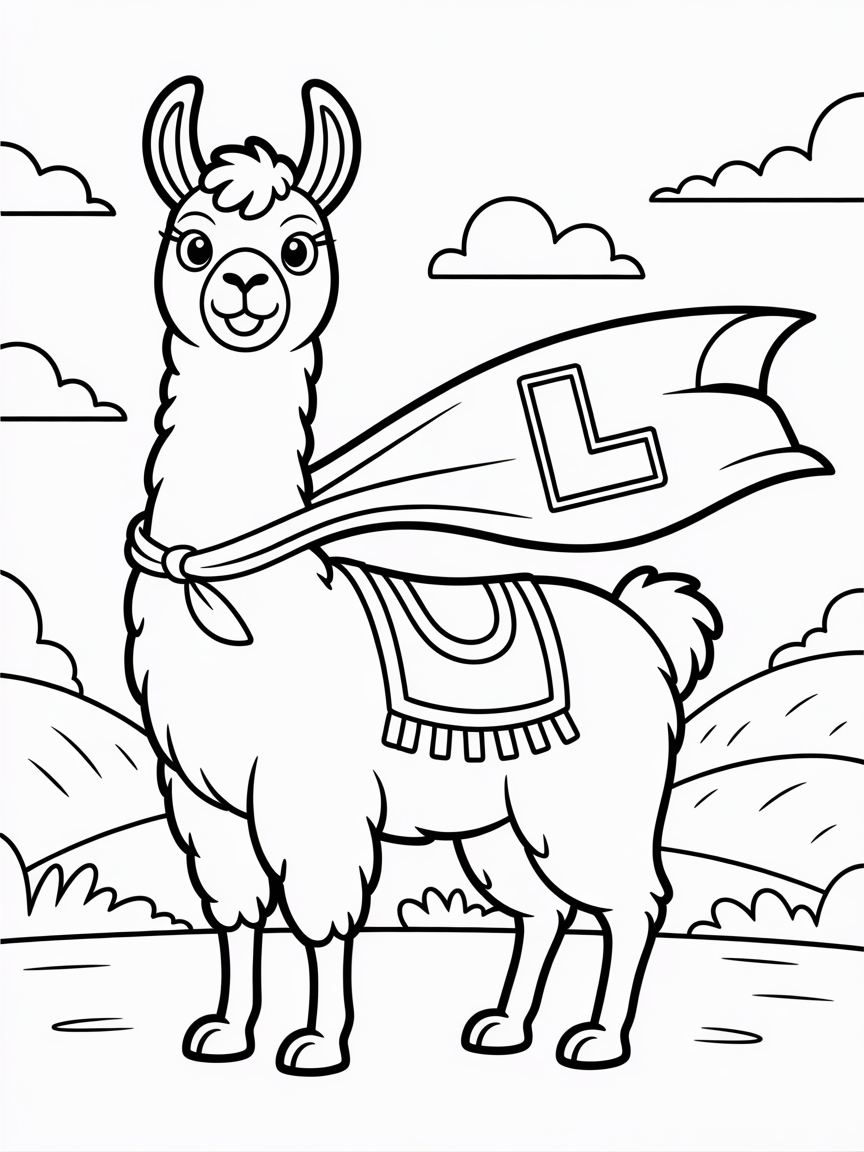 A llama wearing a superhero cape - Free Coloring Page