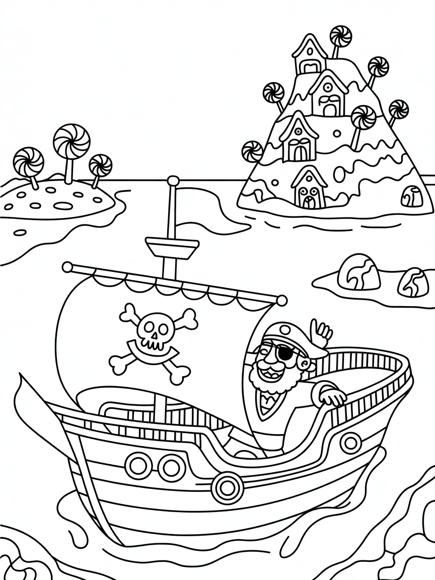 Pirate ship sailing through candy island - Free Coloring Page