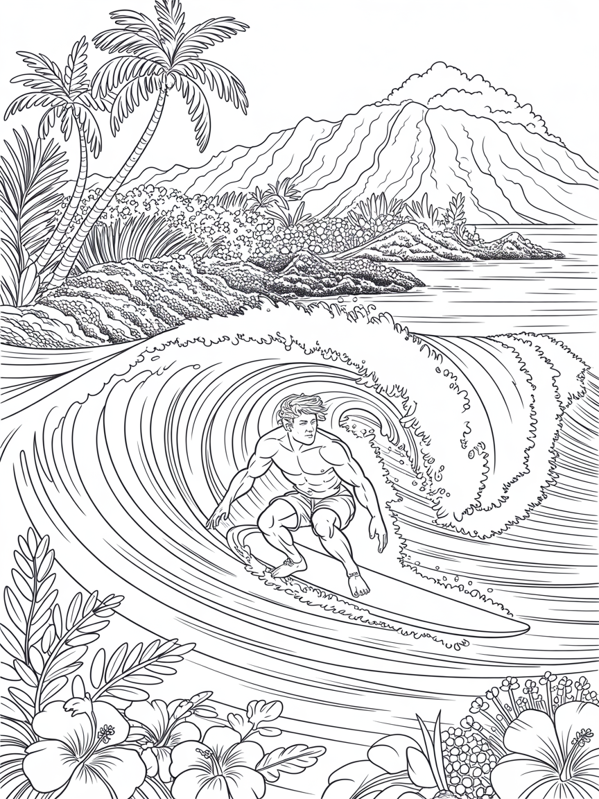 Surf hawaii - Free Coloring Page