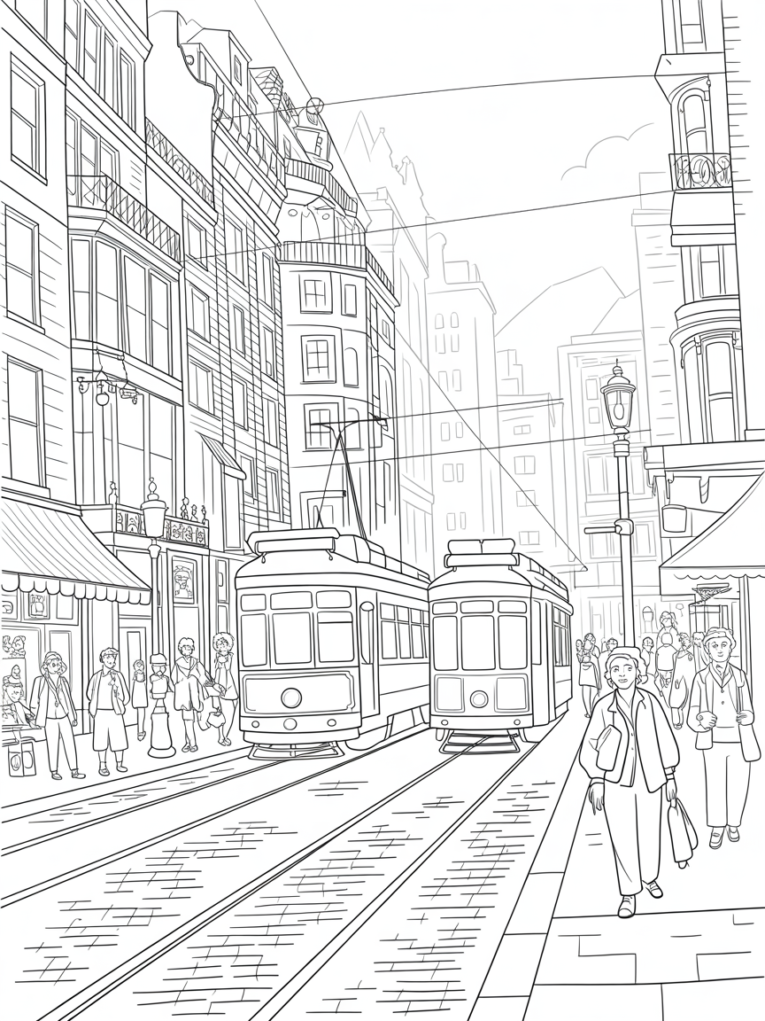 Street scene with trams - Free Coloring Page