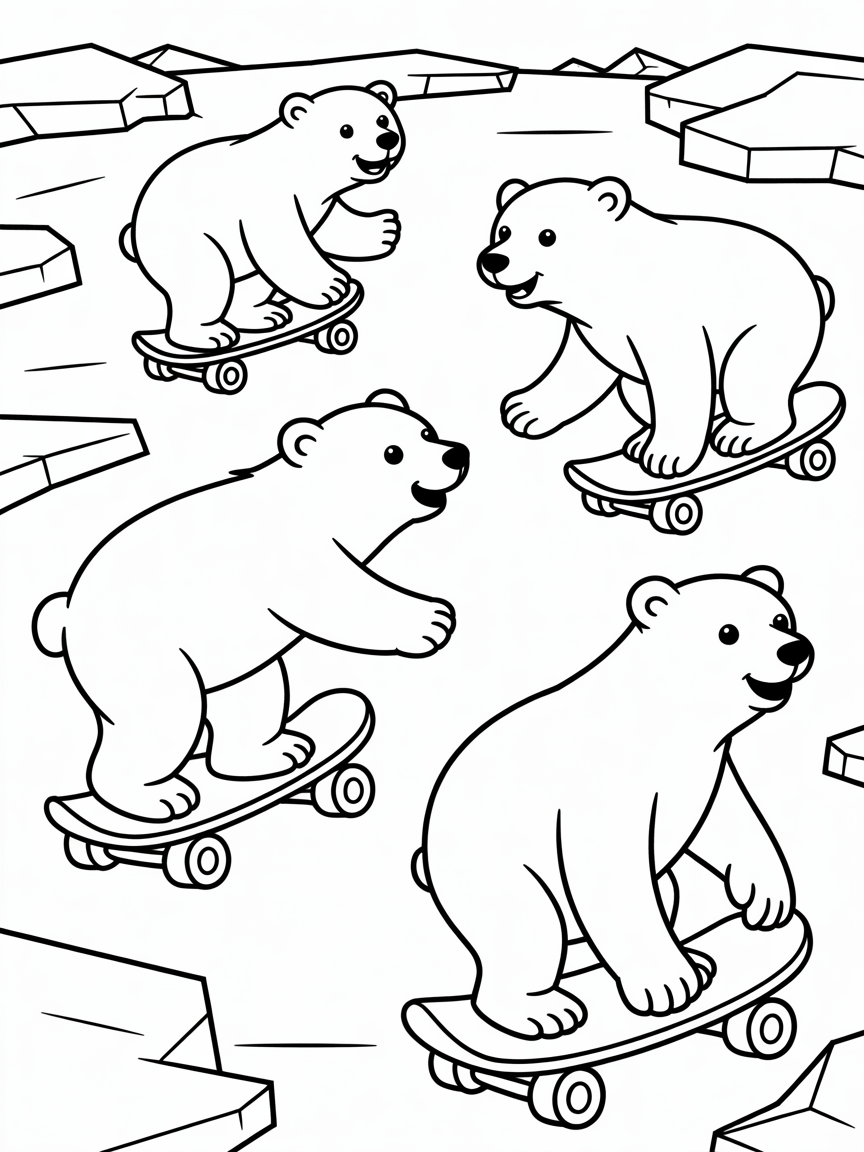Polar bears skateboarding on ice - Free Coloring Page