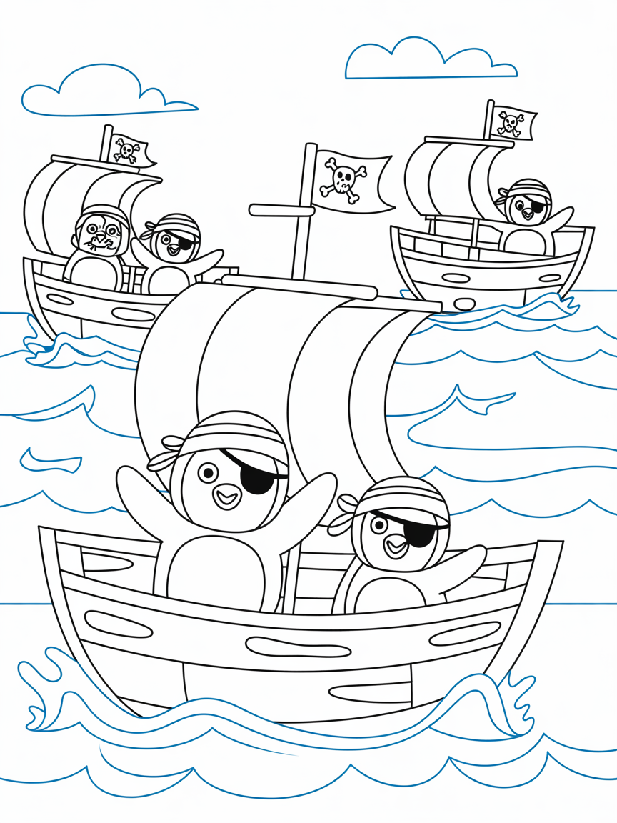 Pirate penguins sailing in ice ships - Free Coloring Page