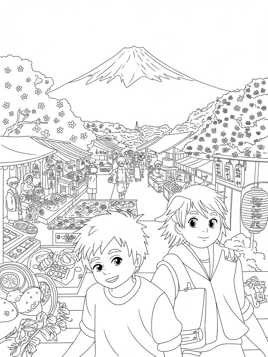 An anime scene next to mount fuji - Free Coloring Page