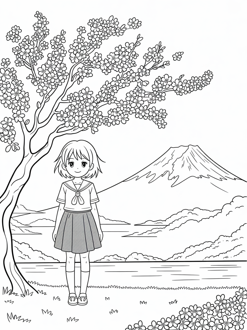 An anime scene of girl next to mount fuji under the Sakura flower blossom tree - Free Coloring Page