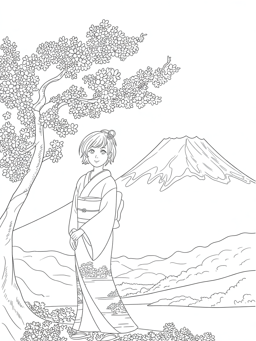 An anime scene of lady next to mount fuji under the Sakura - Free Coloring Page
