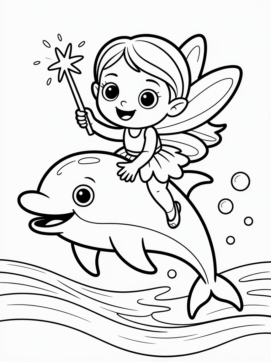 fairy riding a dolphin - Free Coloring Page