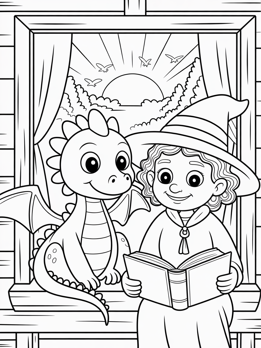 Kapitel 1 – En rastlös morgon Bild: Dino, en liten grön drake med stora snälla ögon och mjuka fjäll, sitter i ett fönster i en mysig liten trästuga. Bredvid honom sitter Maja, en vänlig häxa med lockigt brunt hår och en lila klänning, som håller i en tjock bok. Solen går upp över gröna träd utanför, fåglar flyger i blå himmel och löven rör sig mjukt i vinden. Dino ser fundersam och lite ledsen ut. - Free Coloring Page