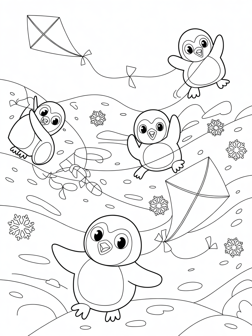 Kite-flying penguins in snowy wonderland - Free Coloring Page