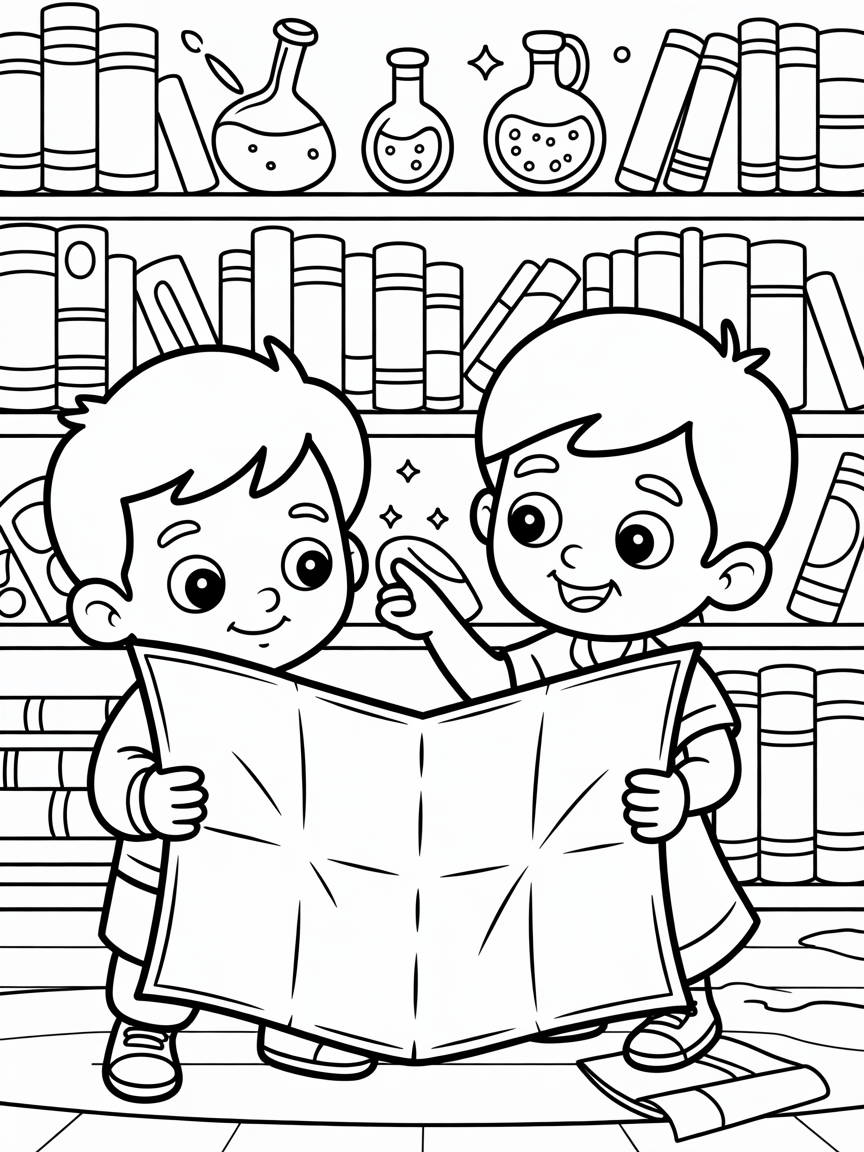 Kapitel 2 – Den gamla kartan Bild: Dino och Maja står vid en bokhylla full av böcker och flaskor med glittrande vätskor. En gammal gulnad karta har precis fallit ner i Dinos tass. Maja ler hemlighetsfullt och dammar av kartan, medan Dino tittar förväntansfullt och nyfiket på den. Runtom i bakgrunden finns magiska föremål som glimmar. - Free Coloring Page