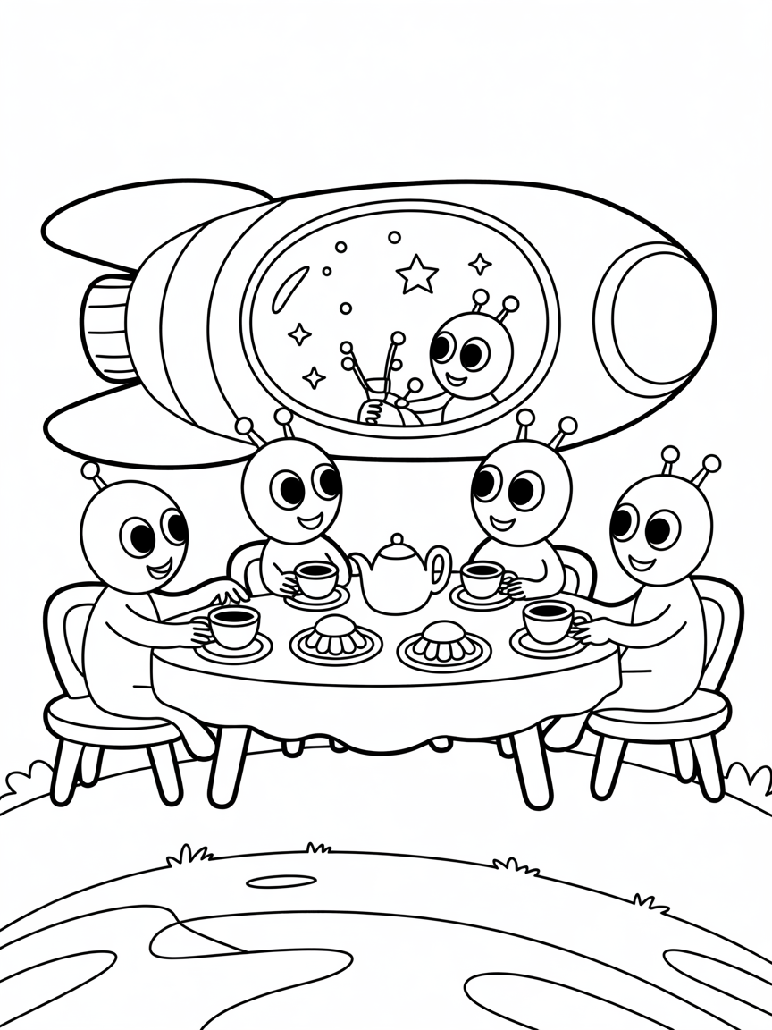 Spaceship tea party with aliens - Free Coloring Page