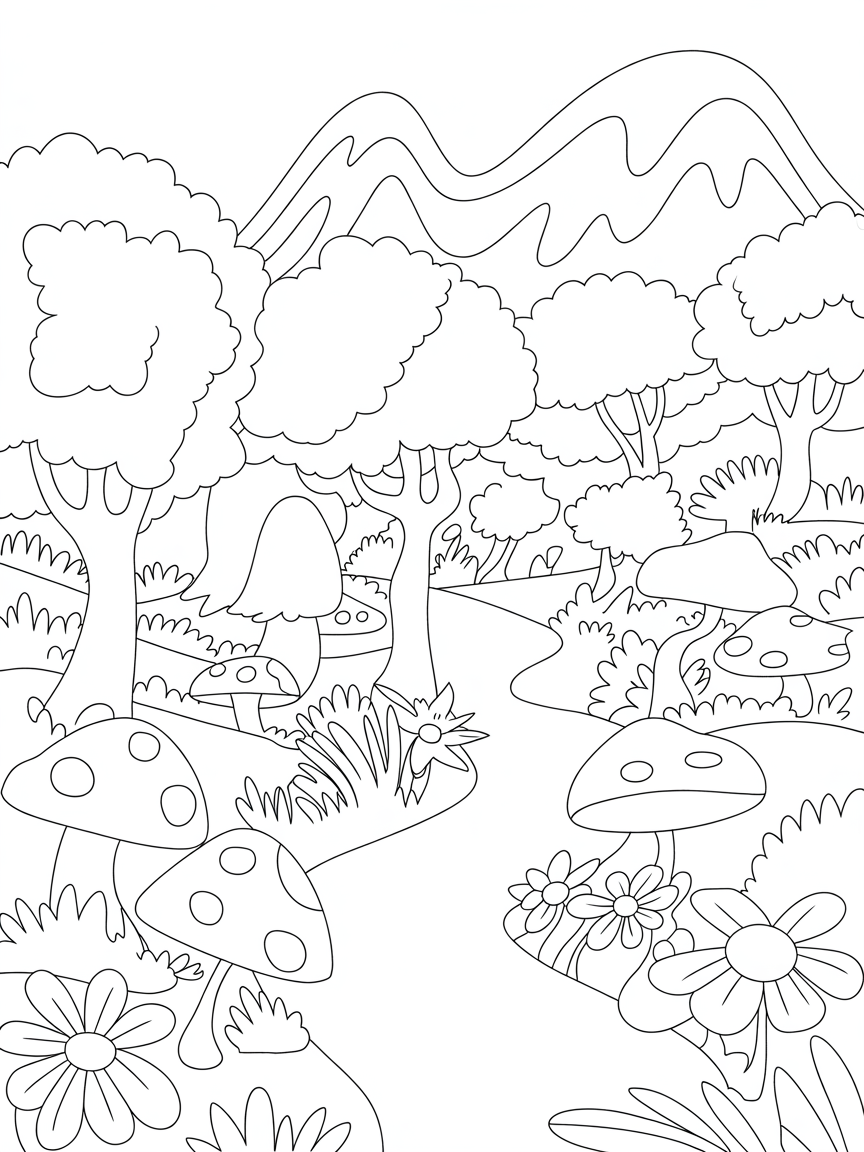 Fantasy forest and mountains - Free Coloring Page