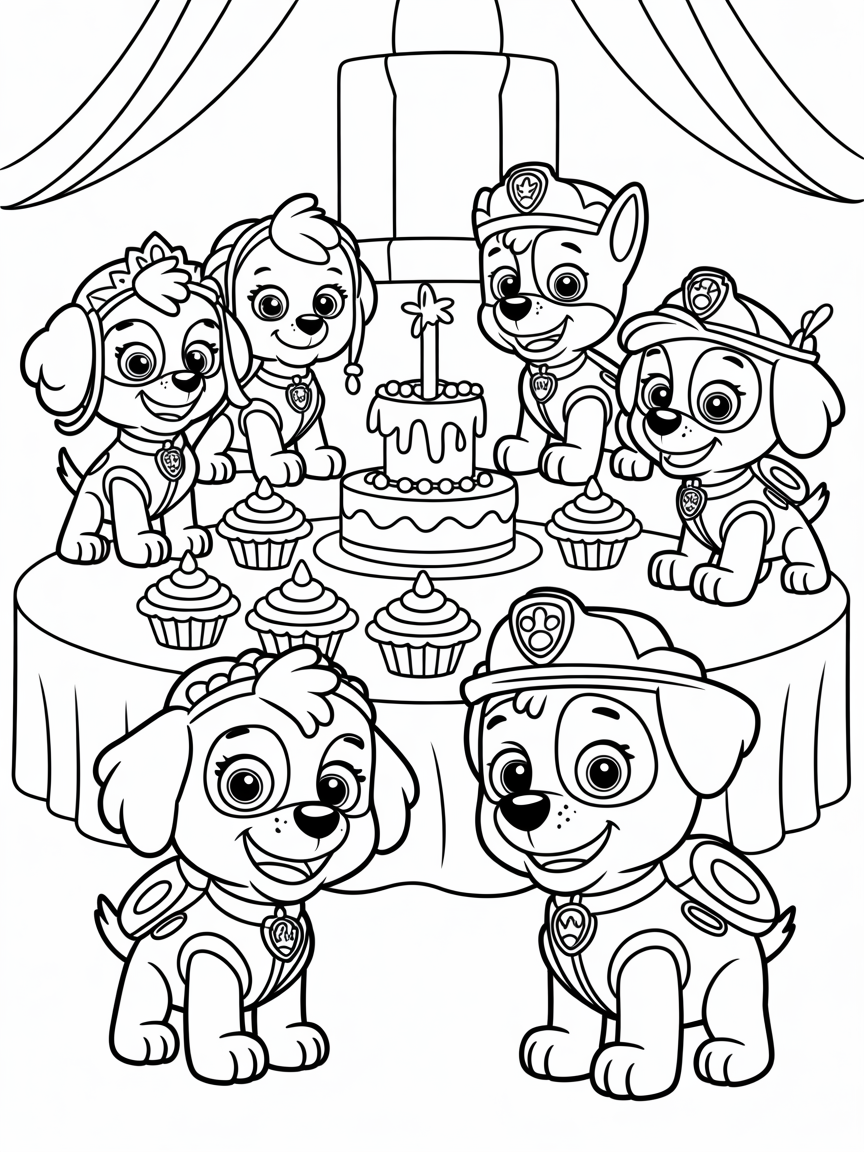 All the Paw Patrol characters having a princess party - Free Coloring Page