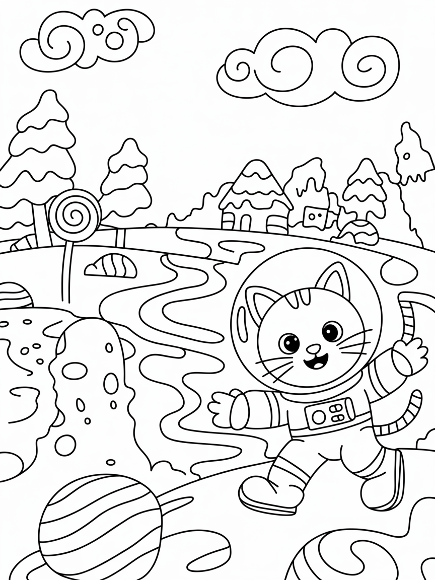 Cat astronaut exploring candy planet - Free Coloring Page