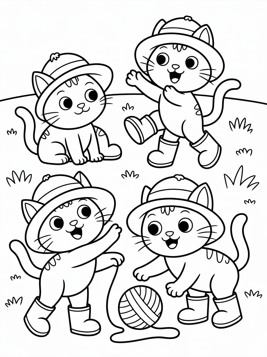 Cats with hats and wellington boots - Free Coloring Page