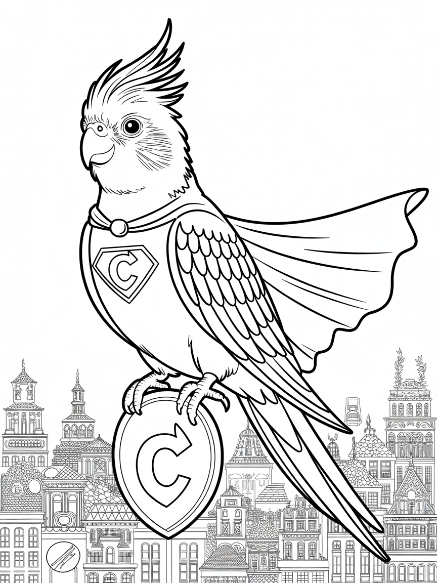 Superhero cockatiel - Free Coloring Page