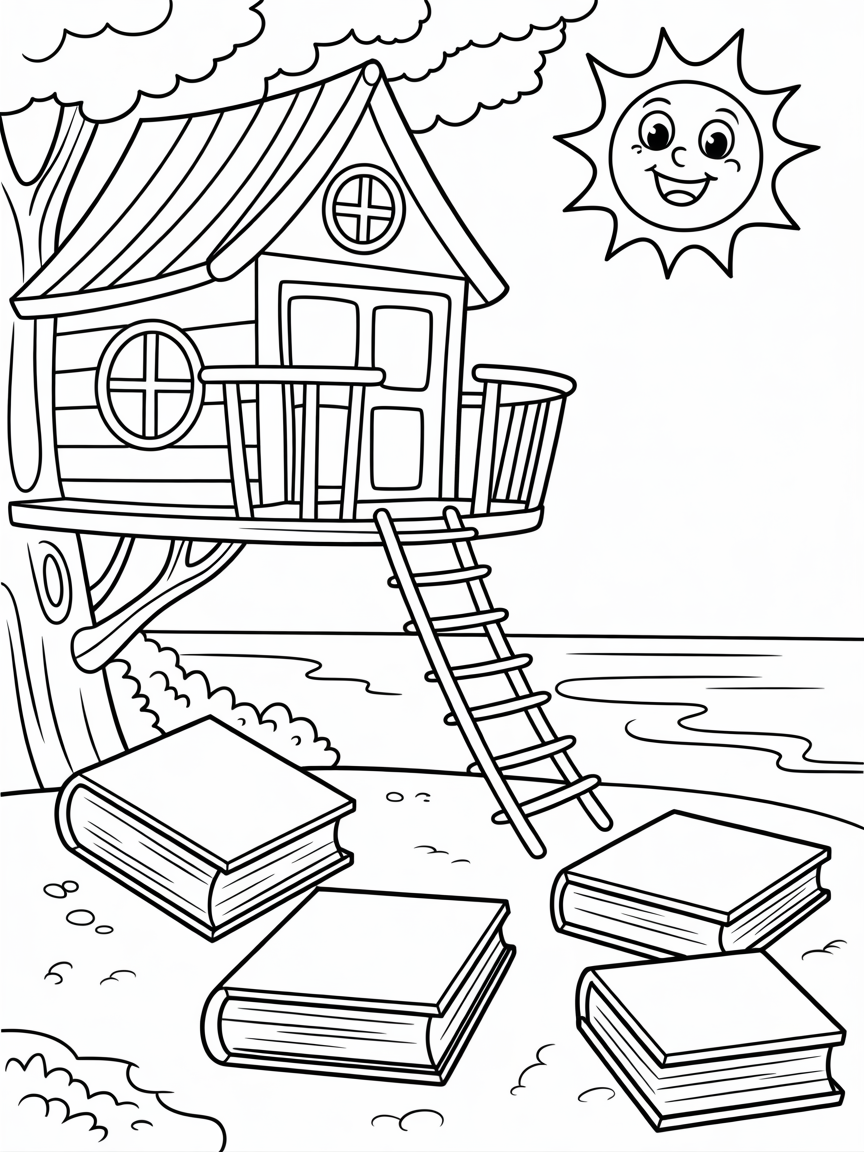 Tree house with books on the beach - Free Coloring Page