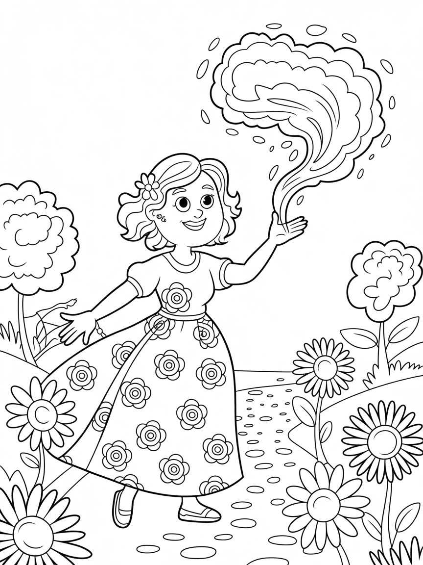 Aunt Julia spinning yarm marvelously out of the air - Free Coloring Page