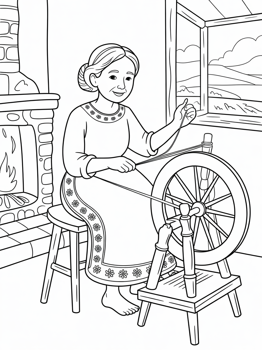 Old Aunt Julia with her hair in a bun spinning yarm marvelously out of the air at a spinning wheel wearing no shoes while working the treadle. This is on the Isle of harris - Free Coloring Page
