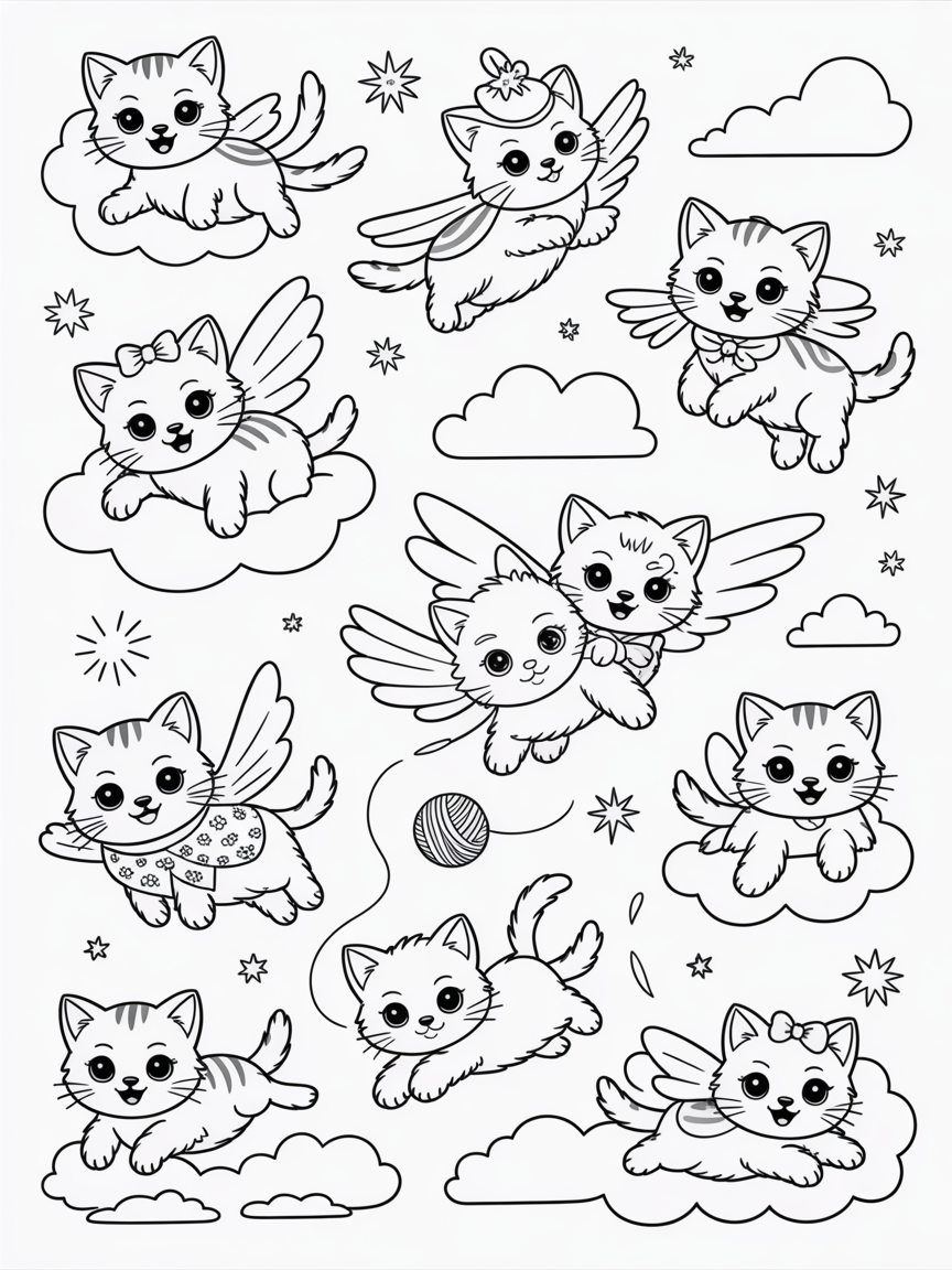 Kawaii flying kittens - Free Coloring Page