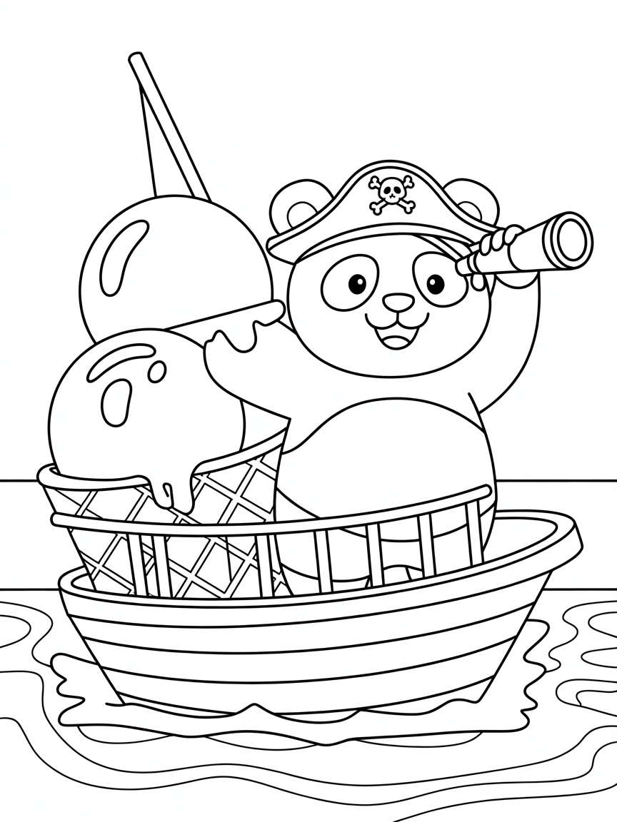 Panda pirate sailing on an ice cream boat - Free Coloring Page
