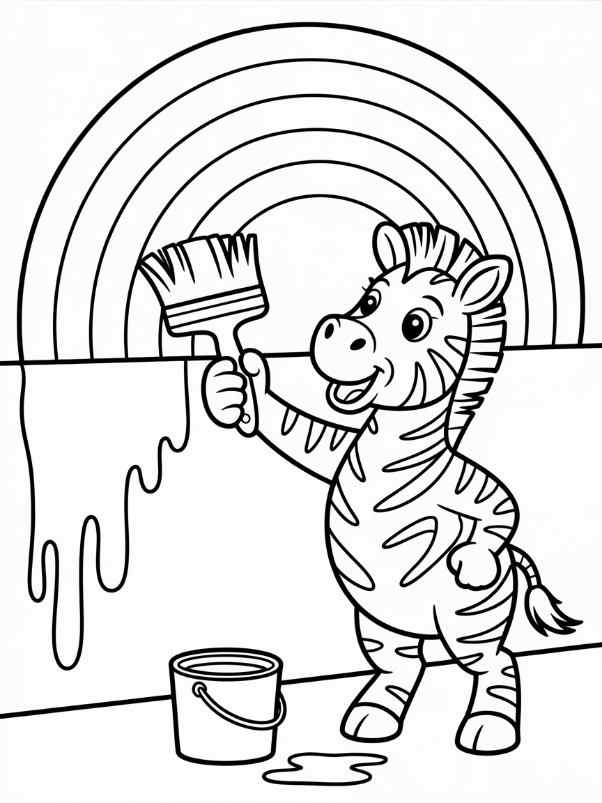 Zebra painting a rainbow mural - Free Coloring Page