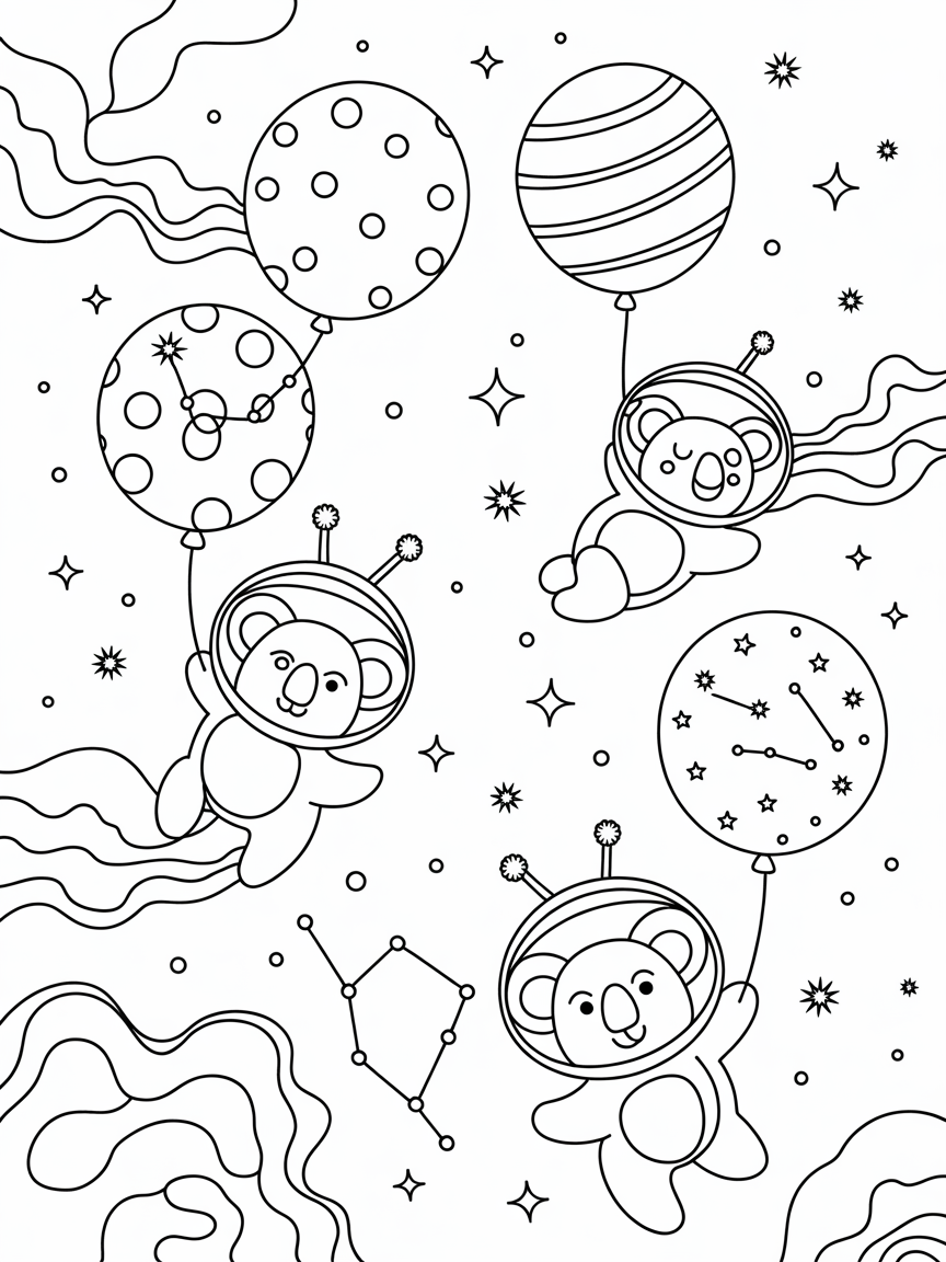 Space koalas floating with balloons - Free Coloring Page