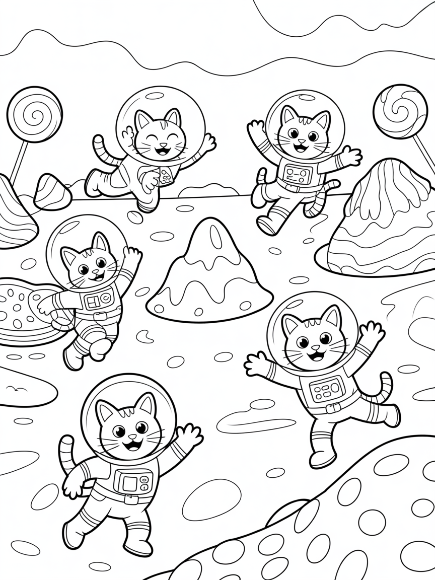 Astronaut cats exploring a candy planet - Free Coloring Page