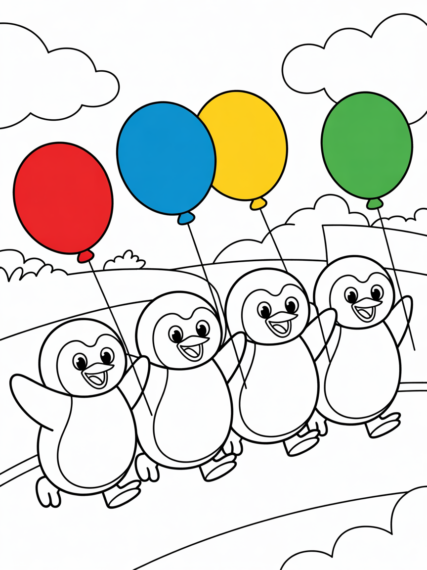 Penguins having a balloon parade - Free Coloring Page