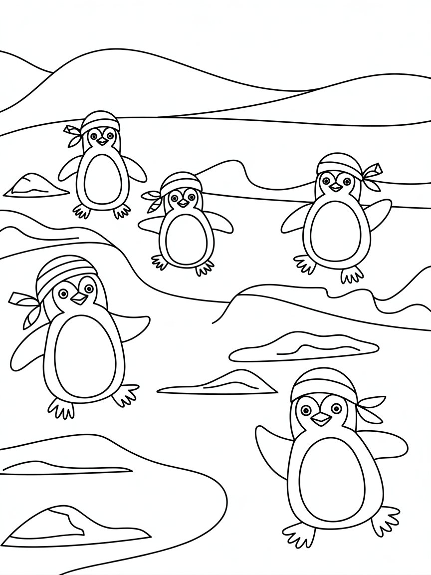 Pirate penguins on a snowy adventure - Free Coloring Page