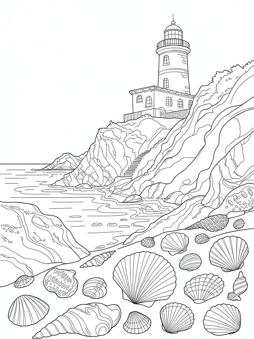 Sea seashells lighthouse - Free Coloring Page