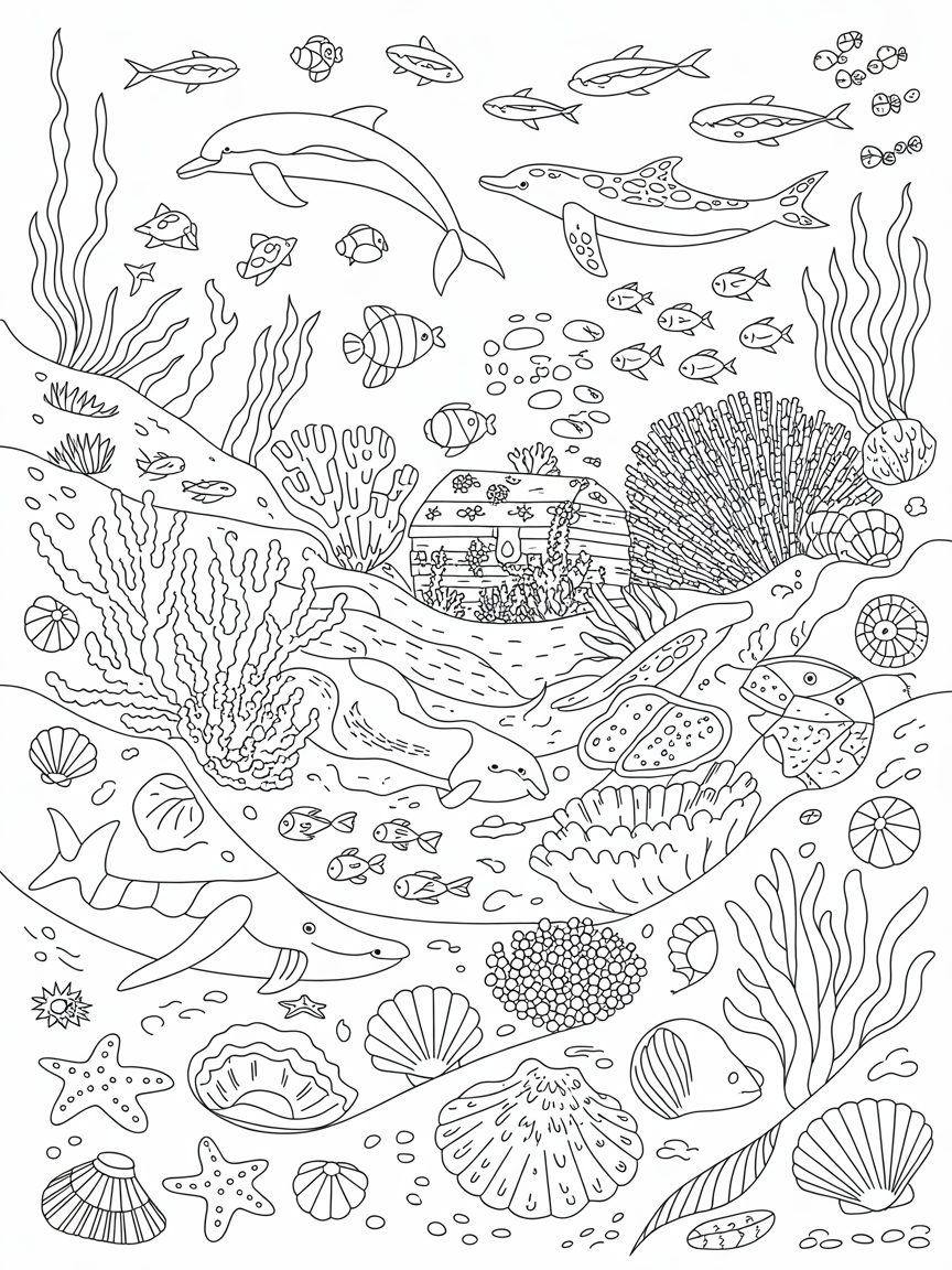 Ocean animals, shells and ocean life - Free Coloring Page