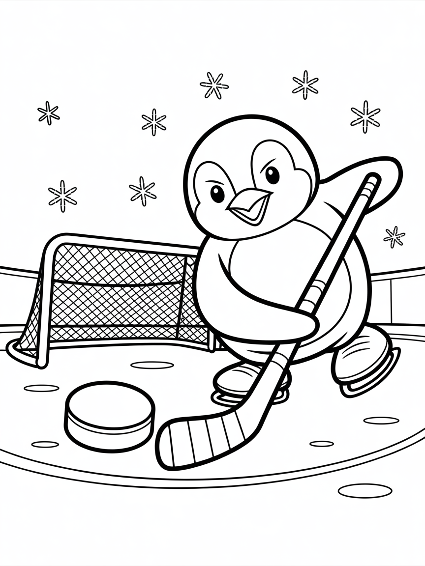 A penguin playing ice hockey - Free Coloring Page