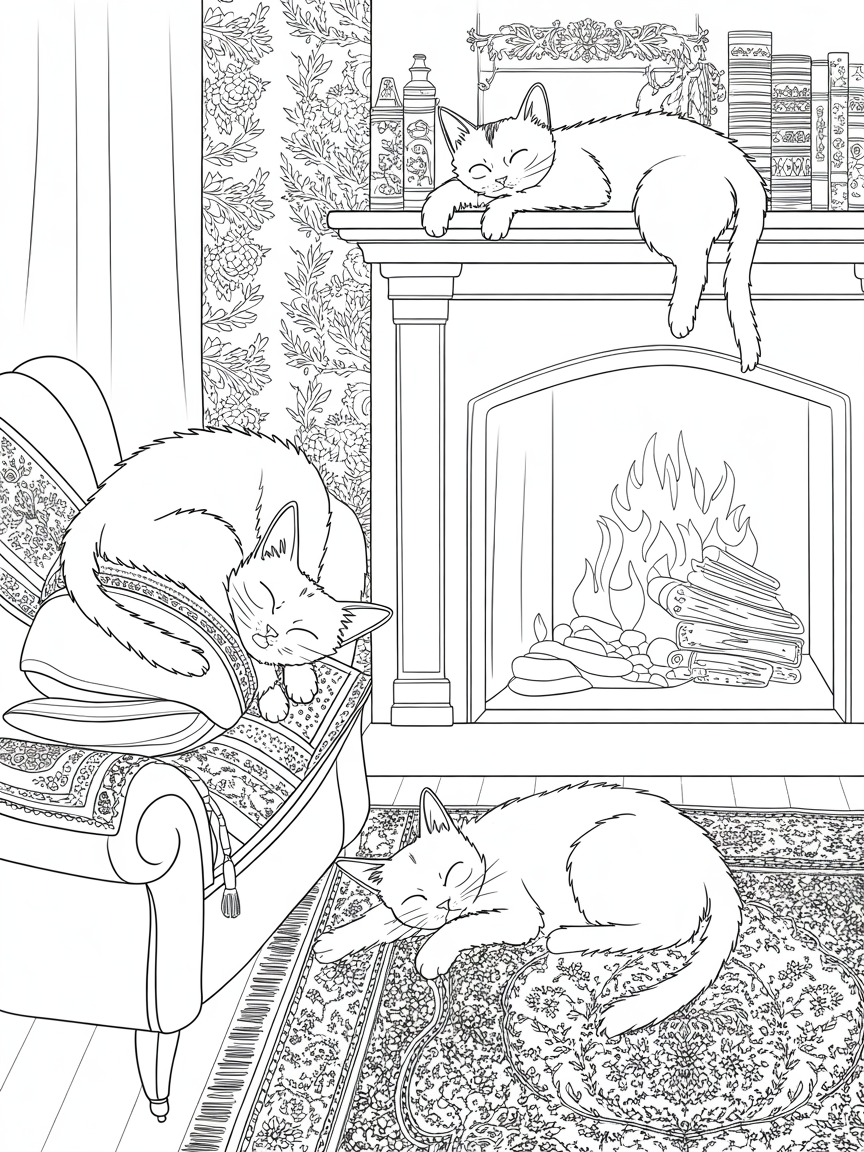 Cats sleeping by a cosy fireplace - Free Coloring Page