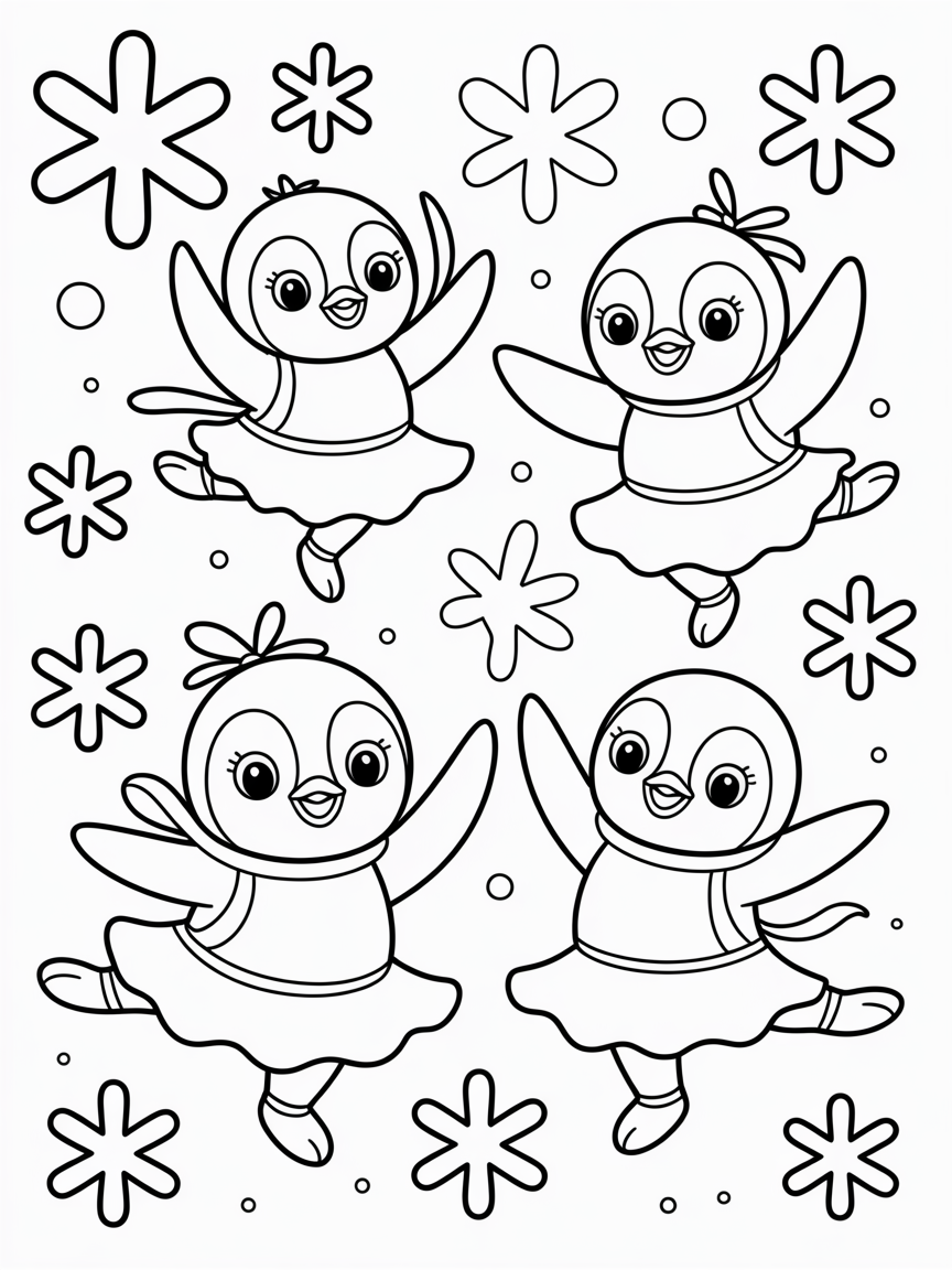 Penguin ballerinas dancing in snowflakes - Free Coloring Page