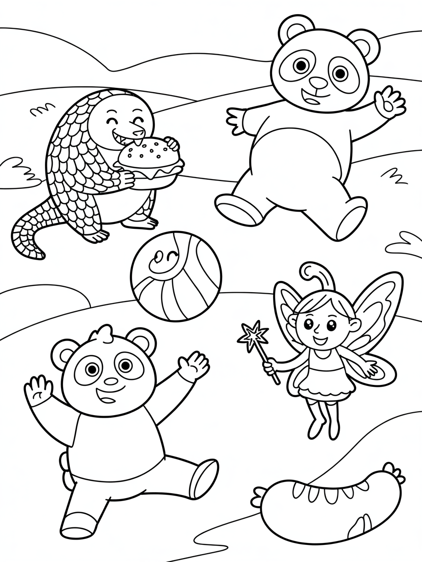A pangolin eating a burger and a panda kicking a ball with a dinosaur and a fairy with a magic wand and a sausage - Free Coloring Page