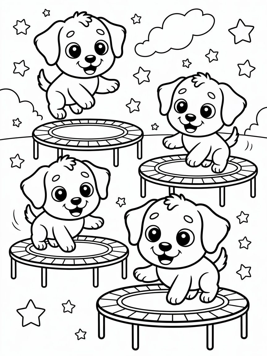 Space puppies bouncing on trampolines - Free Coloring Page