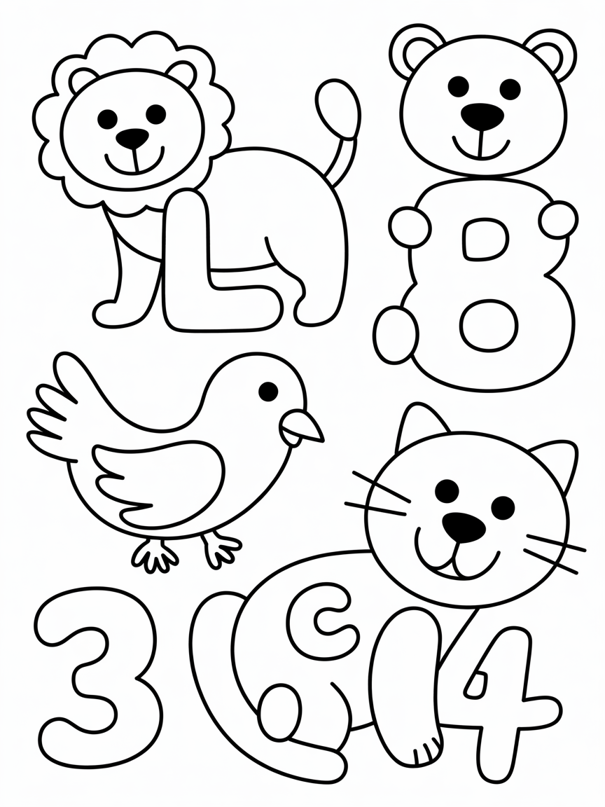 Animals created from numbers and letters - Free Coloring Page