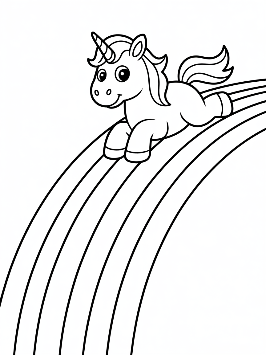 A unicorn sliding down a rainbow - Free Coloring Page