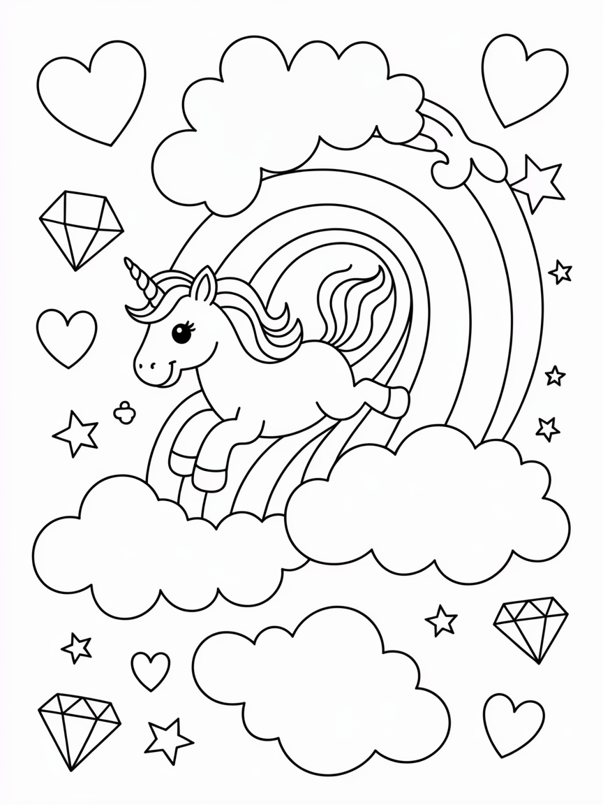 A unicorn sliding down a rainbow, a bow in its mane. Fluffy clouds around it. Hearts, stars, diamonds scattered around - Free Coloring Page