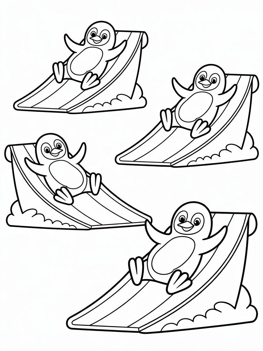 Penguins sliding down rainbow ramps - Free Coloring Page