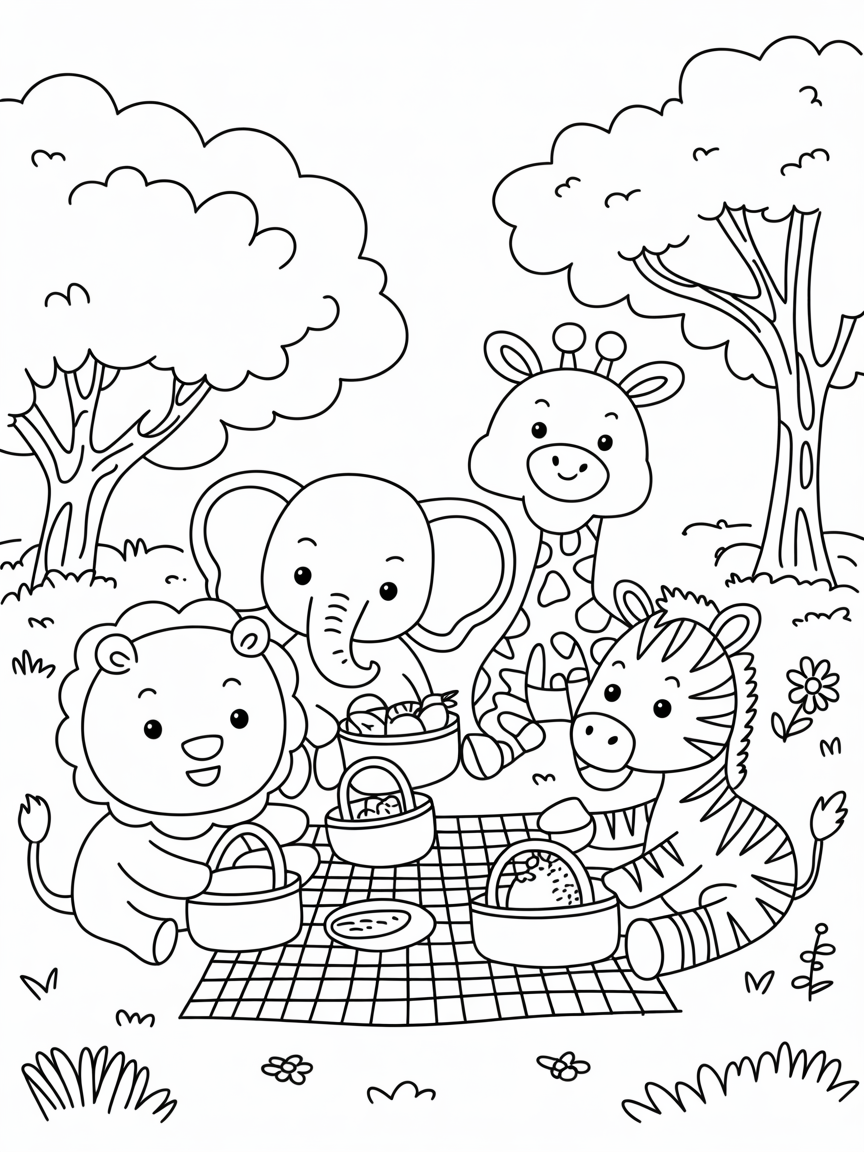 Safari animals having a picnic - Free Coloring Page