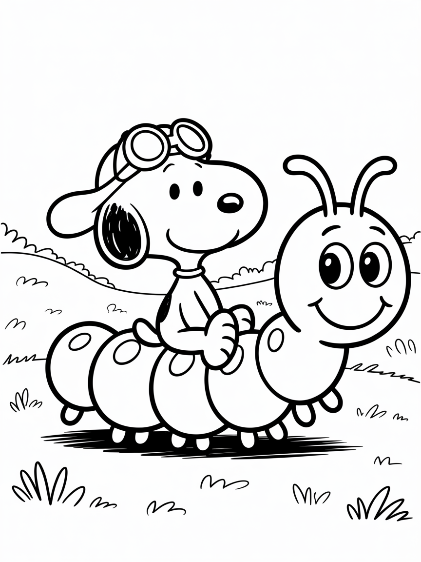 Snoopy on a caterpillar - Free Coloring Page