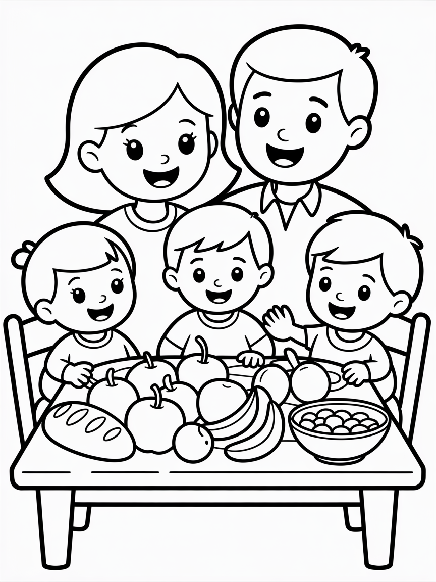 Foods on the table with people eating together - Free Coloring Page