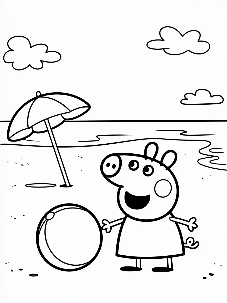 Peppa pig at the beach playing with a ball - Free Coloring Page